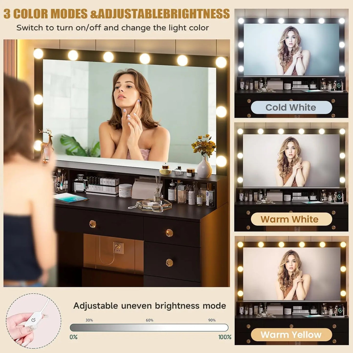 Vanity Desk with Large Mirror, Lights & Power Outlet, Black Makeup Vanity with 9 Drawers & Shelf Storage, Customized