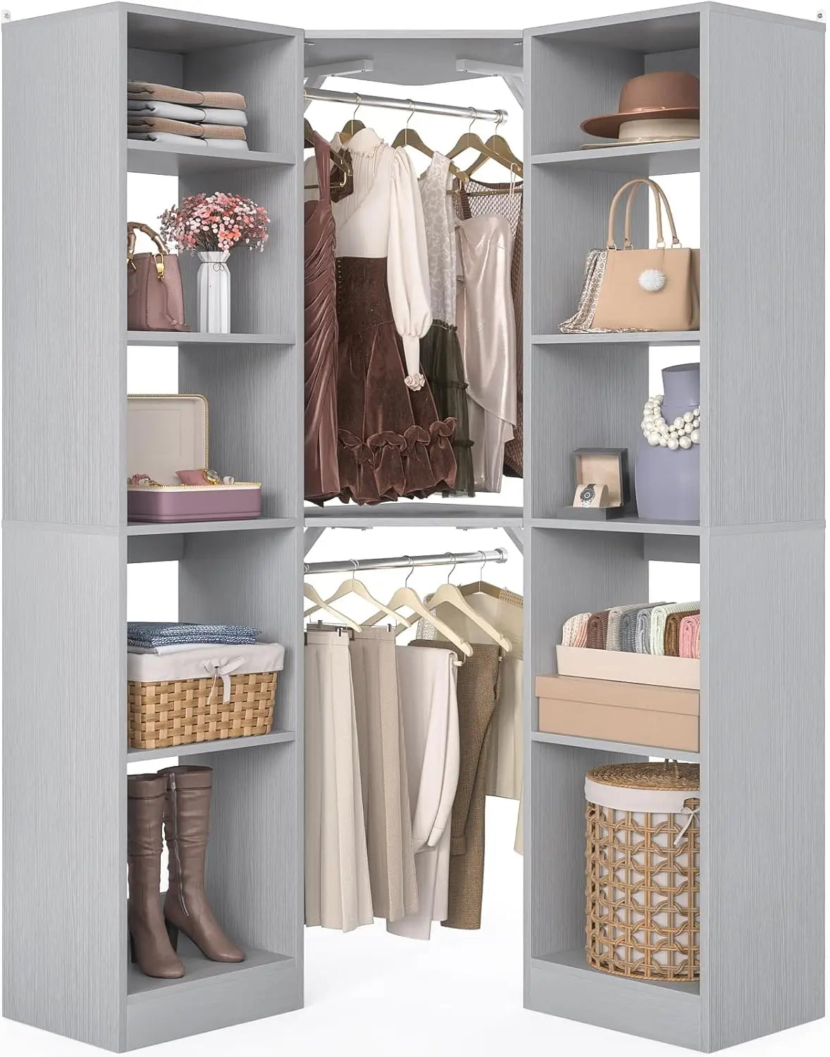 Corner Closet System with 12 Shelves, 39.2" Corner Closet Organizer System with 2 Hanging Rods, Versatile 6-Tier，Customized