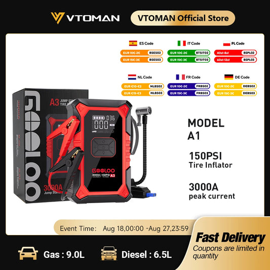 GOOLOO A3 Jump Starter with Air Compressor, 3000A Portable Car Battery Booster (9.0 Gas/6.5L Diesel) with 150PSI Auto-Shutoff Ti