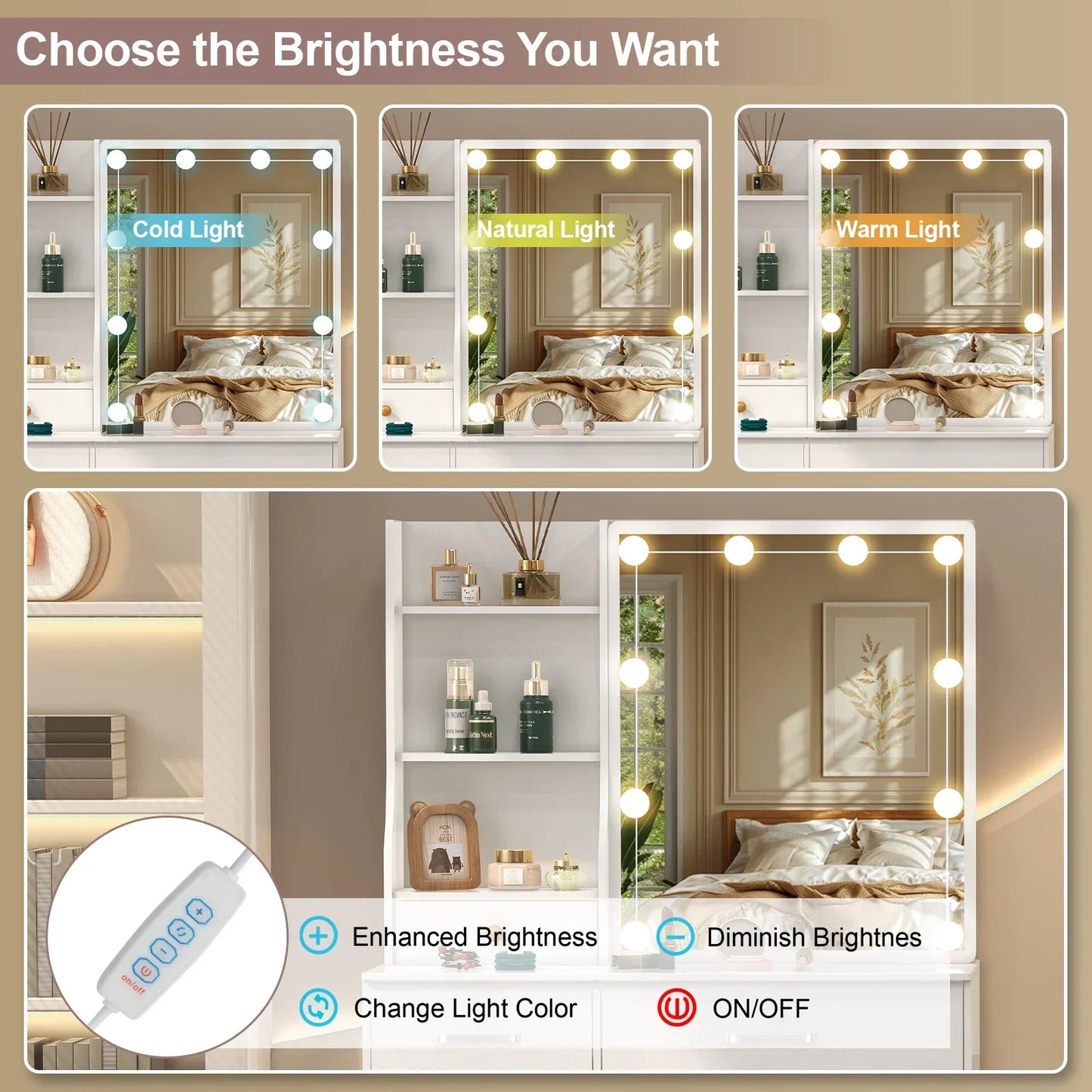 White Vanity Dressing Table Set with Sliding Mirror 6 Drawers LED Lights 3 Color Dimmable Stool Storage Makeup Desk for Bedroom