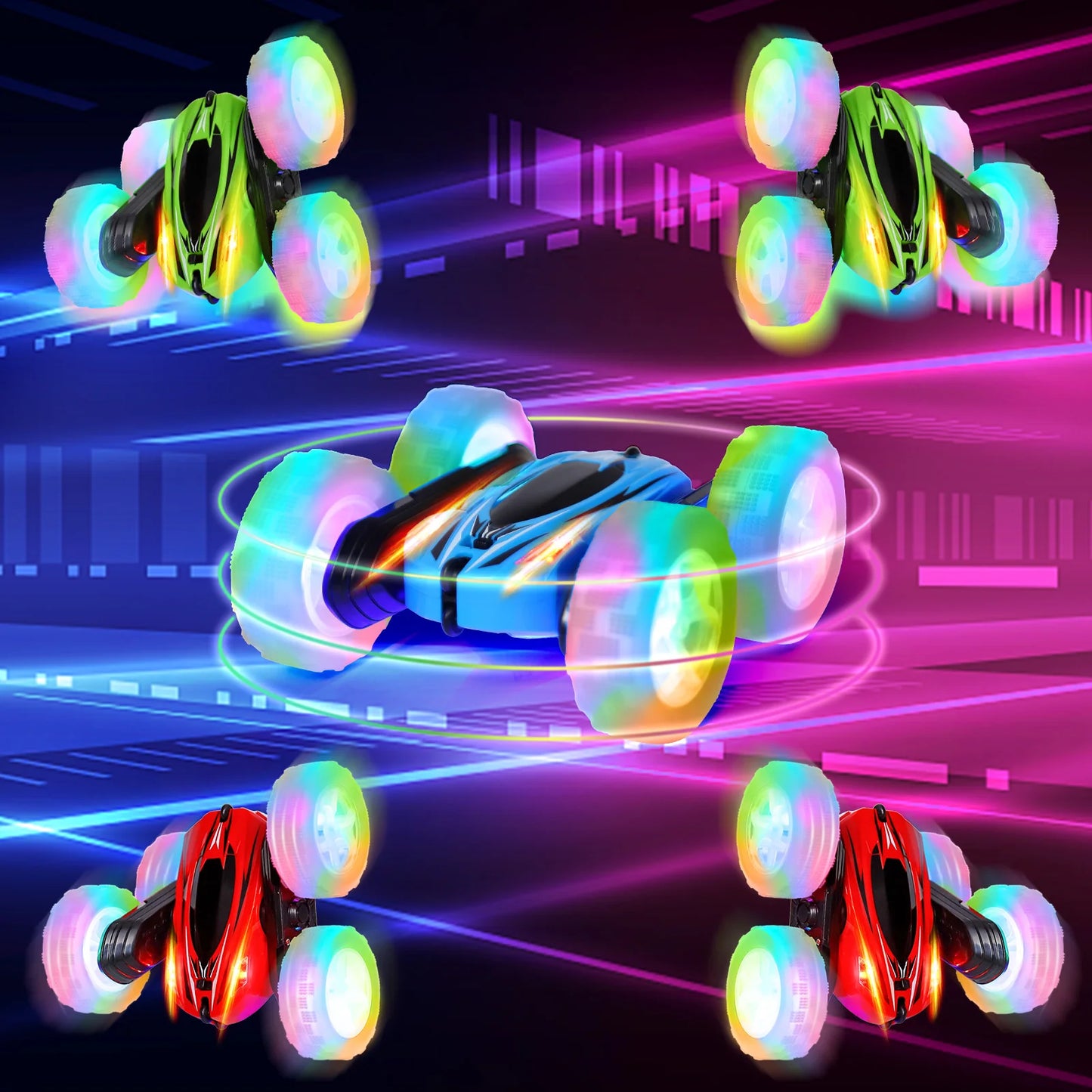 3 Pack Remote Control Car Toys for Kids, 2.4GHz RC Stunt Cars with Wheel Lights, Drift High Speed 4WD Off Road Double Sided 360°