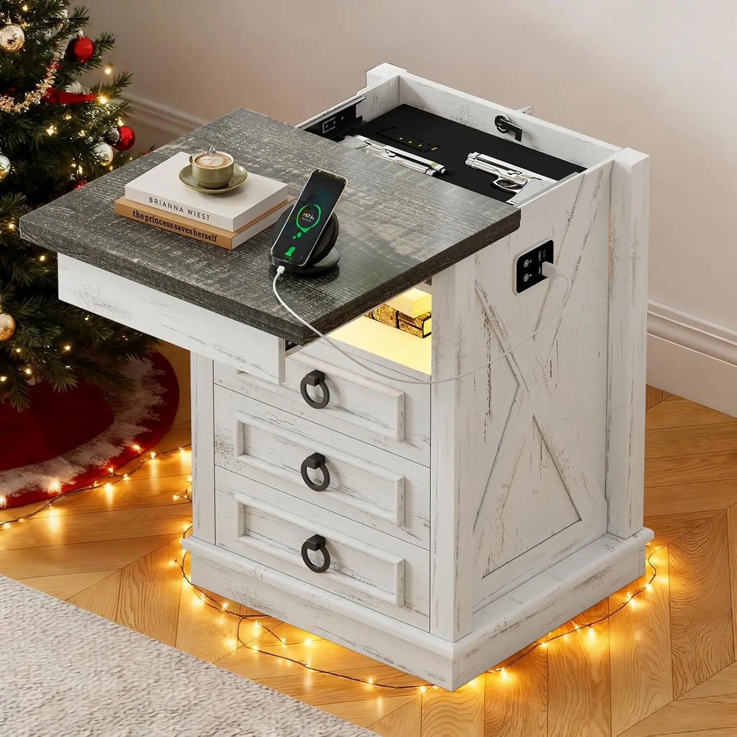 Smart Night Stand with Gun Drawer,Glass Top Nightstand with Charging Sation,LED Bedside Table with 3 Color, Customized