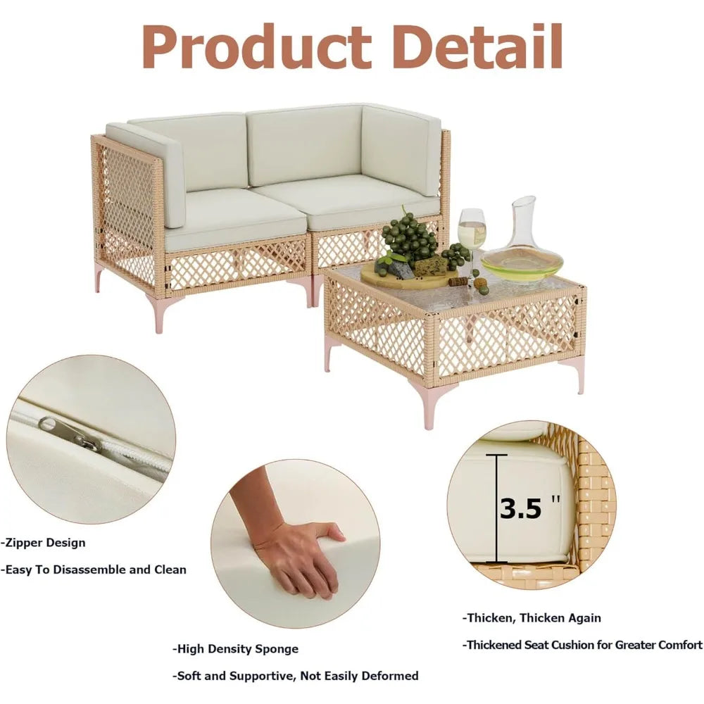 Boho Chic Outdoor Sectional Set - Wicker Sofa & Tempered Glass Coffee Table