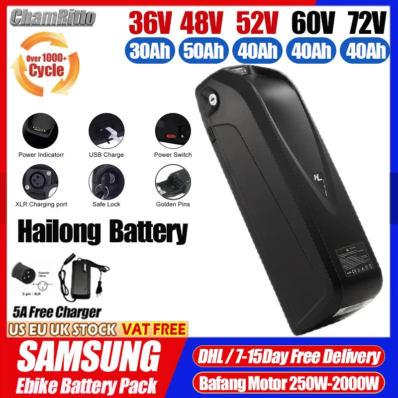 E bike Electric Bicycle 36V 48V 52V 750w cham rider Hailong Battery 72V 60V Bafang 2000W 20/30/40/50/60ah 1000w Lithium Battery
