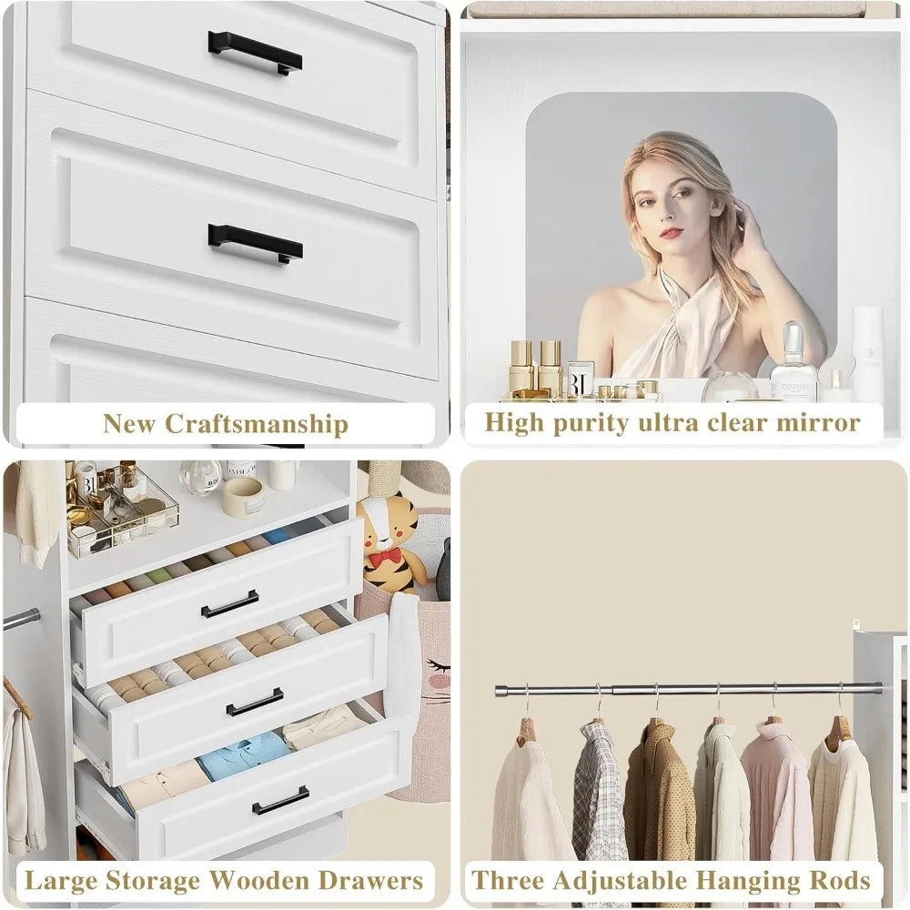 48" W - 96” W Closet System with Mirror, 8FT Walk in Closet Organizer Kits with Drawers and 3 Extendable Hanging Rod,