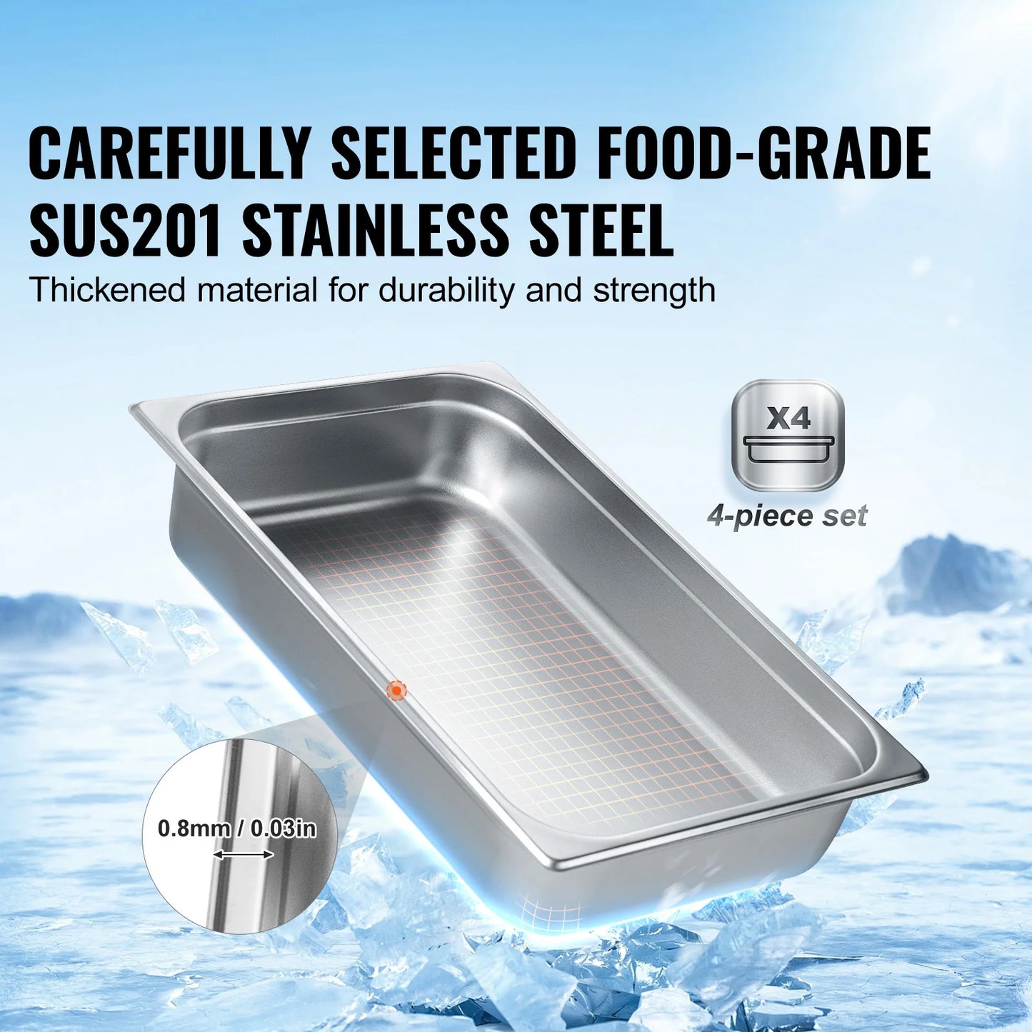 SucceBuy 4 Pack Hotel Pans Full Size Anti-Jam Steam Pan with Lid Stainless Steel Steam Table Pan 4inch Deep Commercial Table Pan