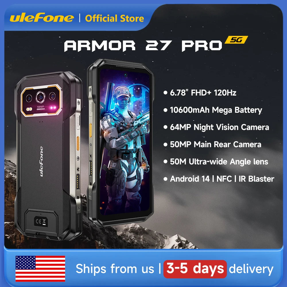 Ulefone Armor 27 Pro 5G Rugged Phone 10600mAh 50MP Camera 64MP Night Smartphone Android 14 Up to 24GB+256GB NFC Waterproof Phone