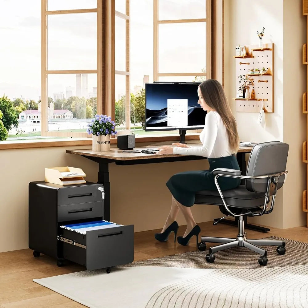 Mobile Filing Cabinet 3 Drawer, Rolling Small File Cabinet with Keys Under Desk, Compact Office Organizer w/Lockable Drawers & A