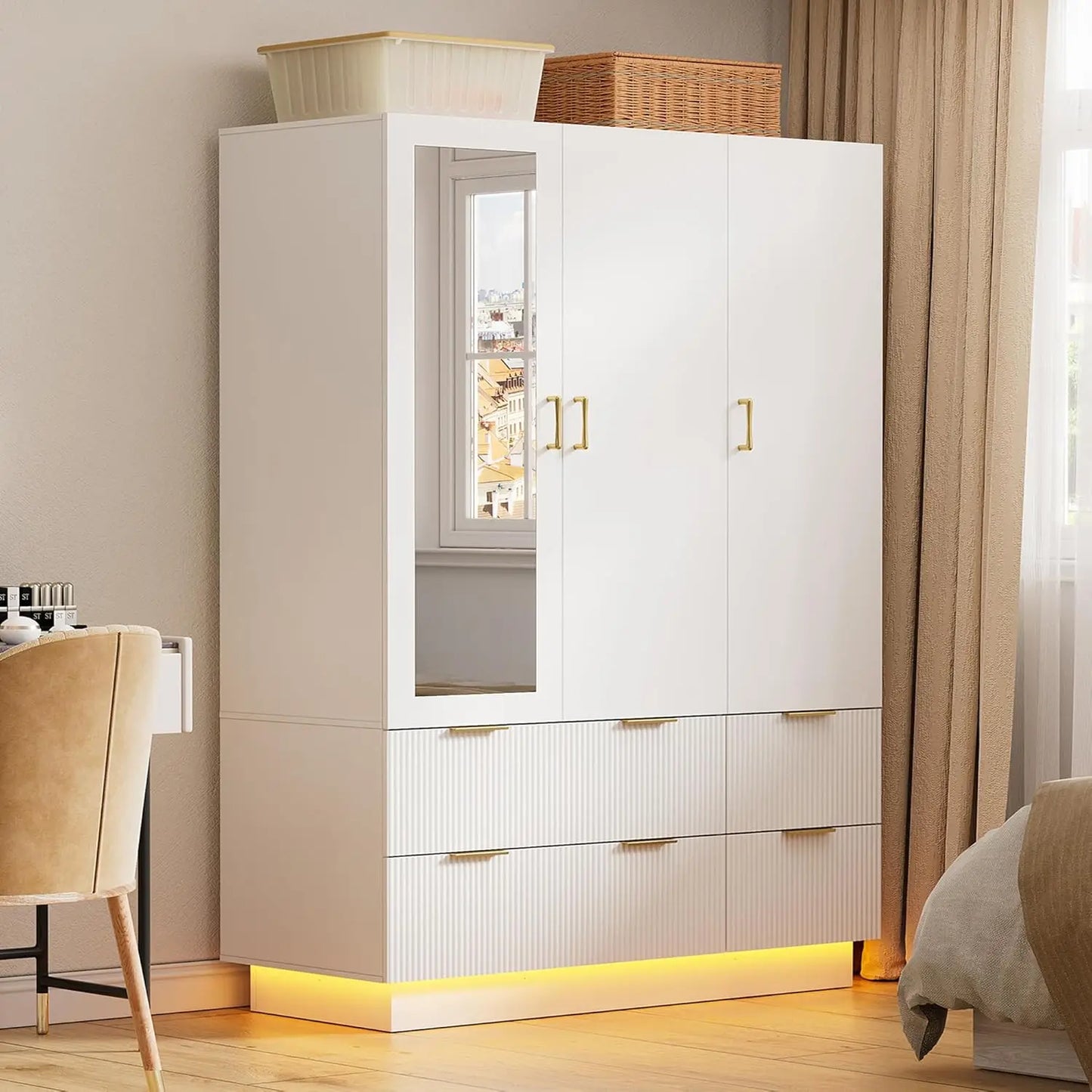 Armoire Wardrobe Closet with 3 Door, Bedroom Armoires with Mirror and LED Lights, Hanging Rod, Drawers, Large Capacity Storage W