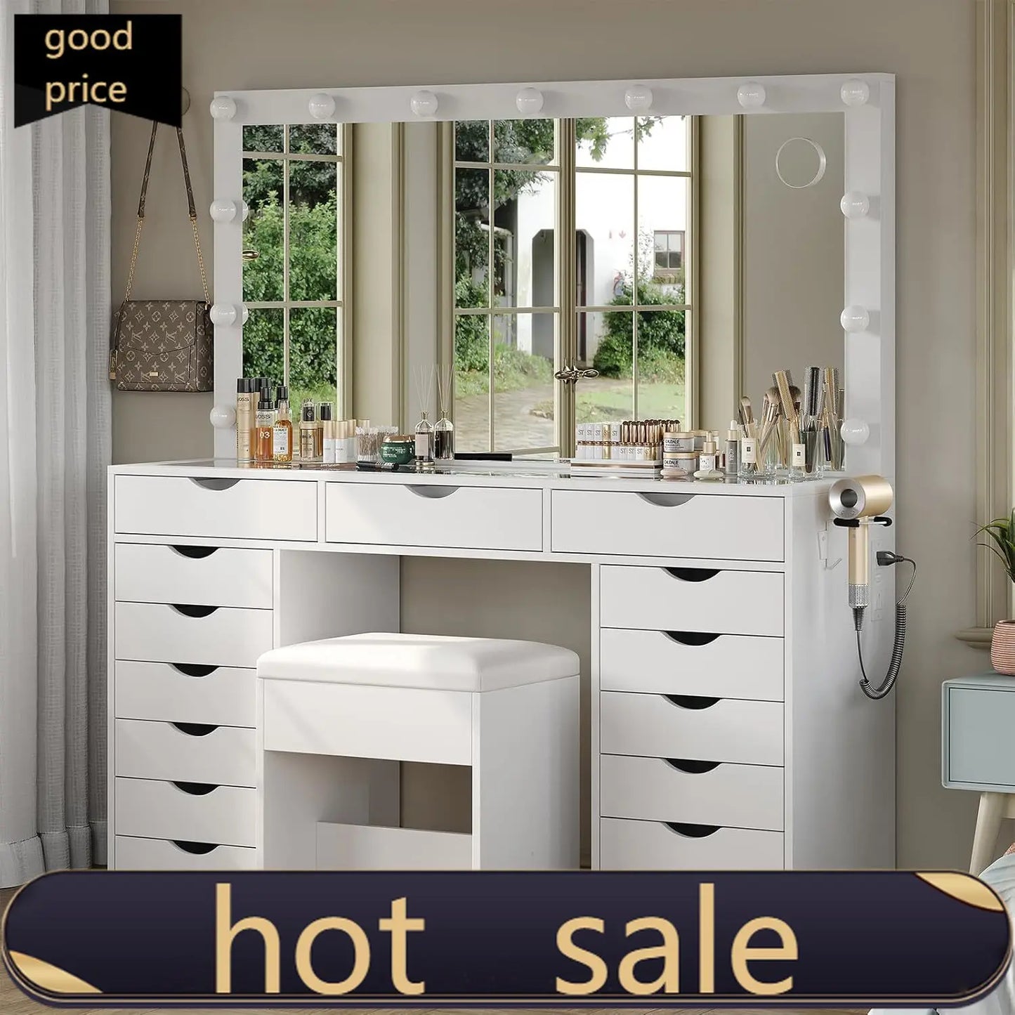 Vanity Desk with Mirror and Lights, Makeup Table with Charging Station, 3 Color Lighting Modes, 15 Drawers Dressing Table, Vanit