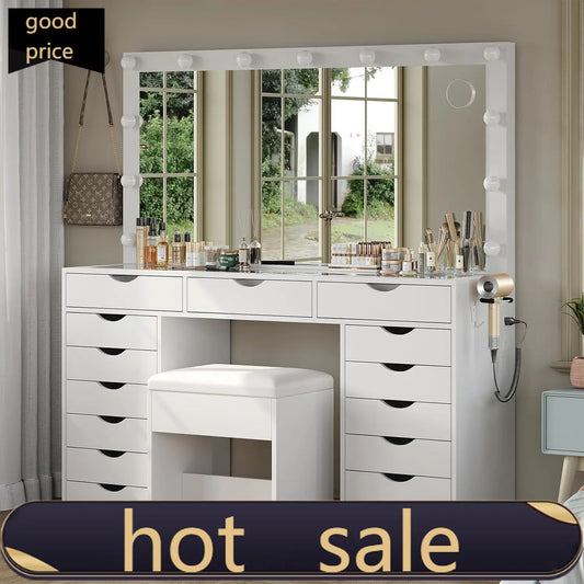 Vanity Desk with Mirror and Lights, Makeup Table with Charging Station, 3 Color Lighting Modes, 15 Drawers Dressing Table, Vanit