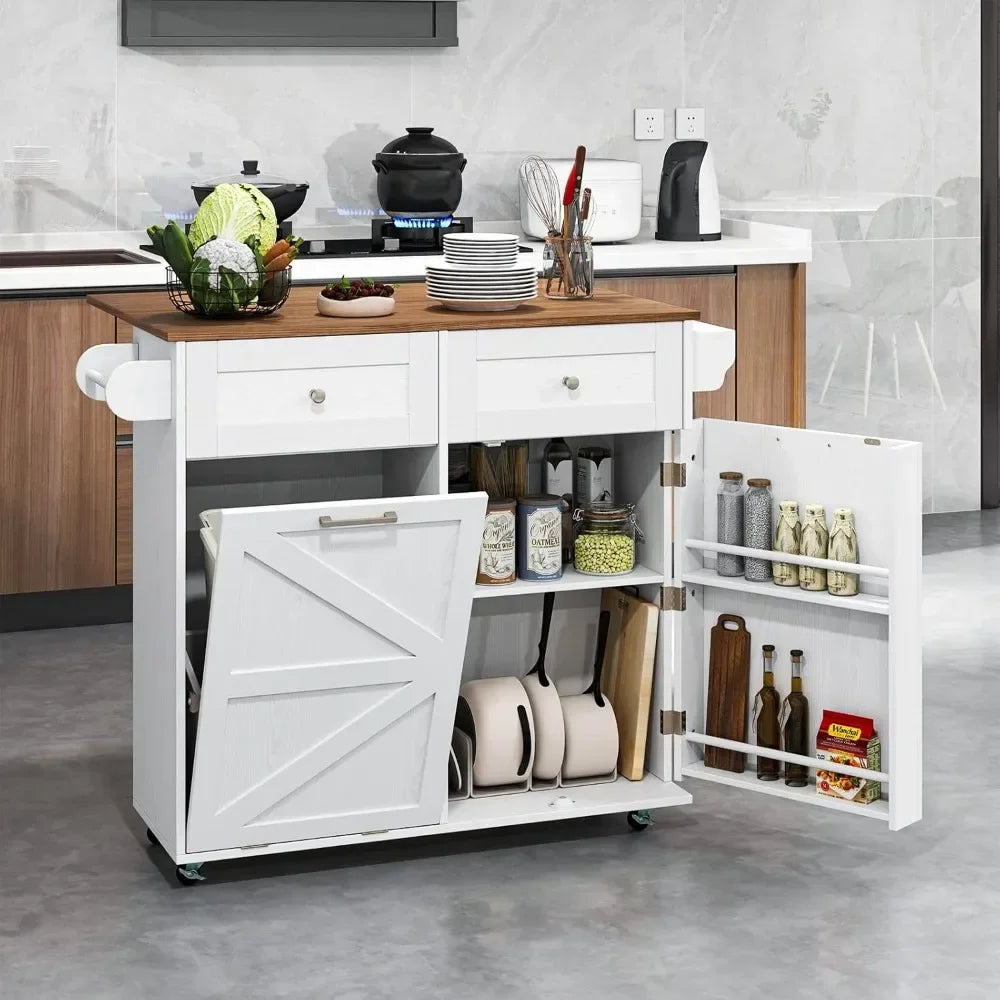Rolling Kitchen Island with Trash Can Storage Cabinet, Drop Leaf Breakfast Bar Table, Towel Holder, 2 Drawers & Door Racks