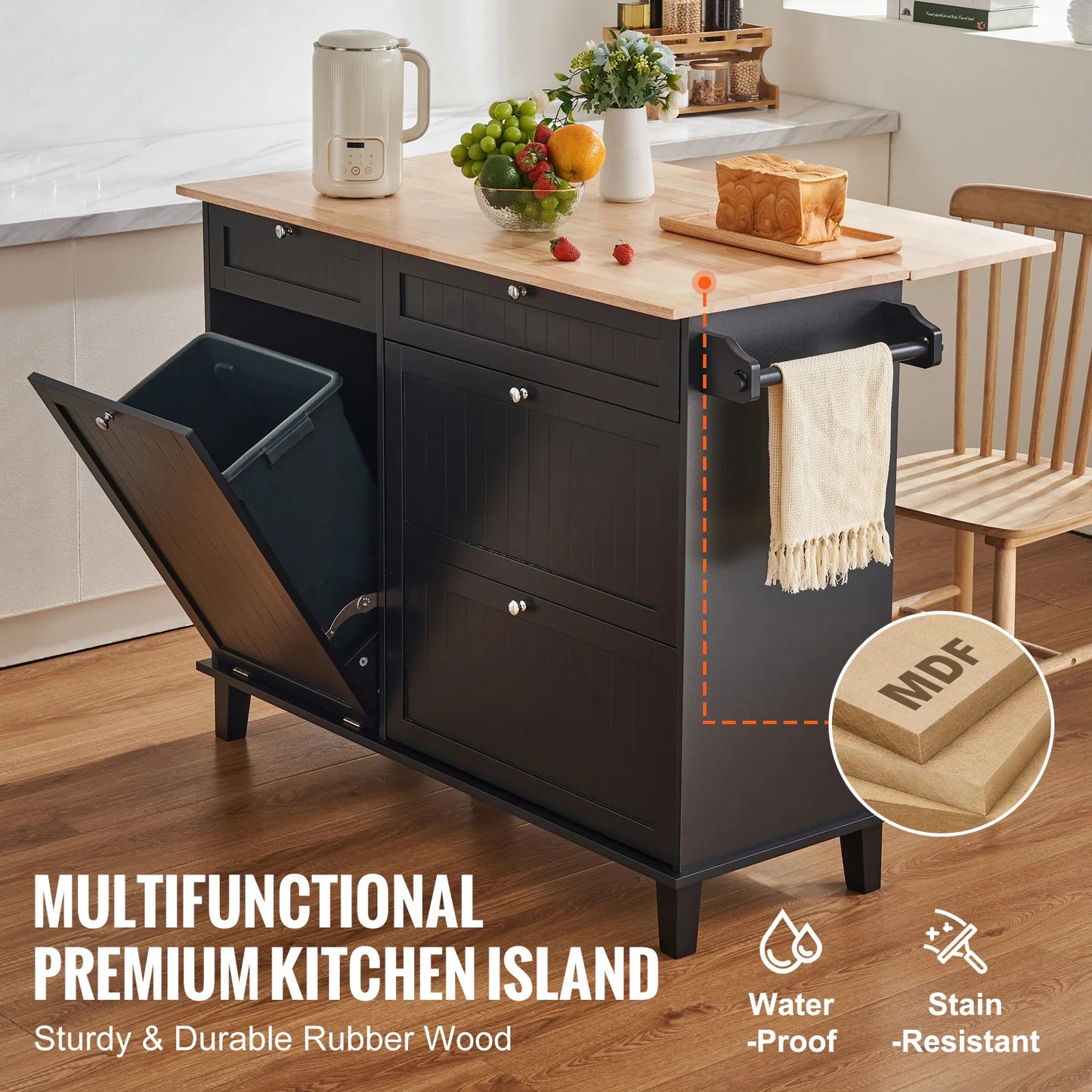 SucceBuy Kitchen Island Cart Breakfast Bar with Trash Cabinet Tilt Out Storage Farmhouse Dining Living Room Table with Drop Leaf
