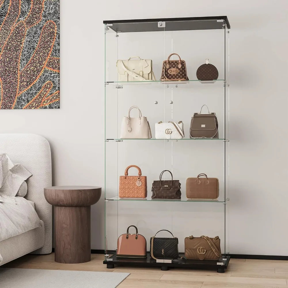 Glass Display Cabinet with 4-Shelf Double Doors and Lock, Curio Cabinet 5mm Tempered Glass Floor Standing Bookshelf for Living R