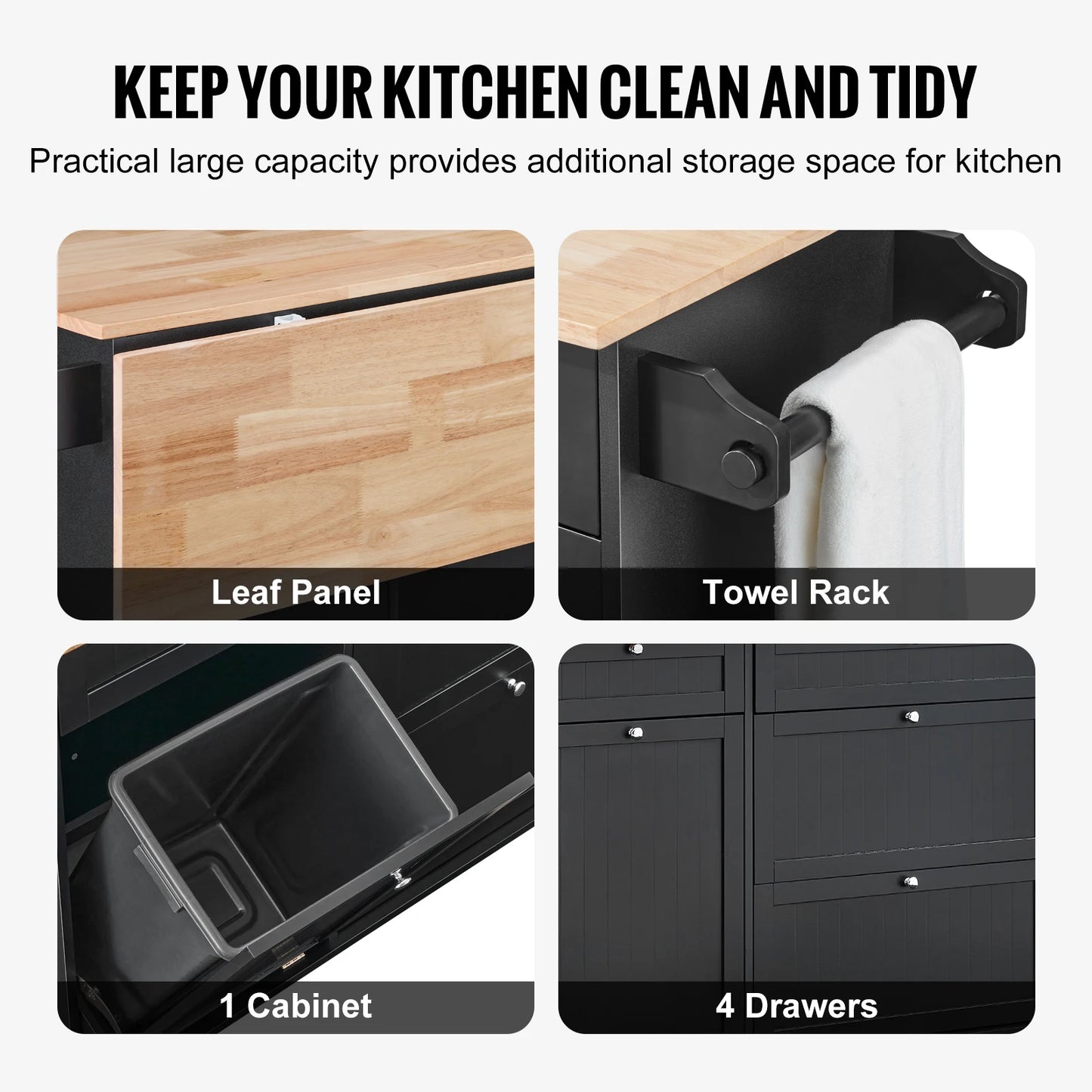 SucceBuy Kitchen Island Cart Breakfast Bar with Trash Cabinet Tilt Out Storage Farmhouse Dining Living Room Table with Drop Leaf