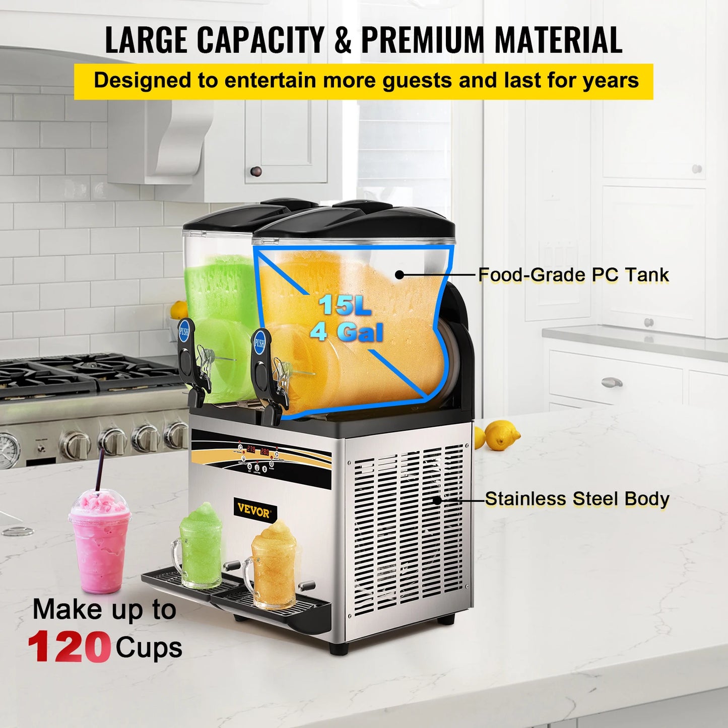 SucceBuy 2x15L Commercial Slushy Machine Tank Margarita Maker 1000W Stainless Steel Smoothie Frozen Drink Maker for Supermarkets