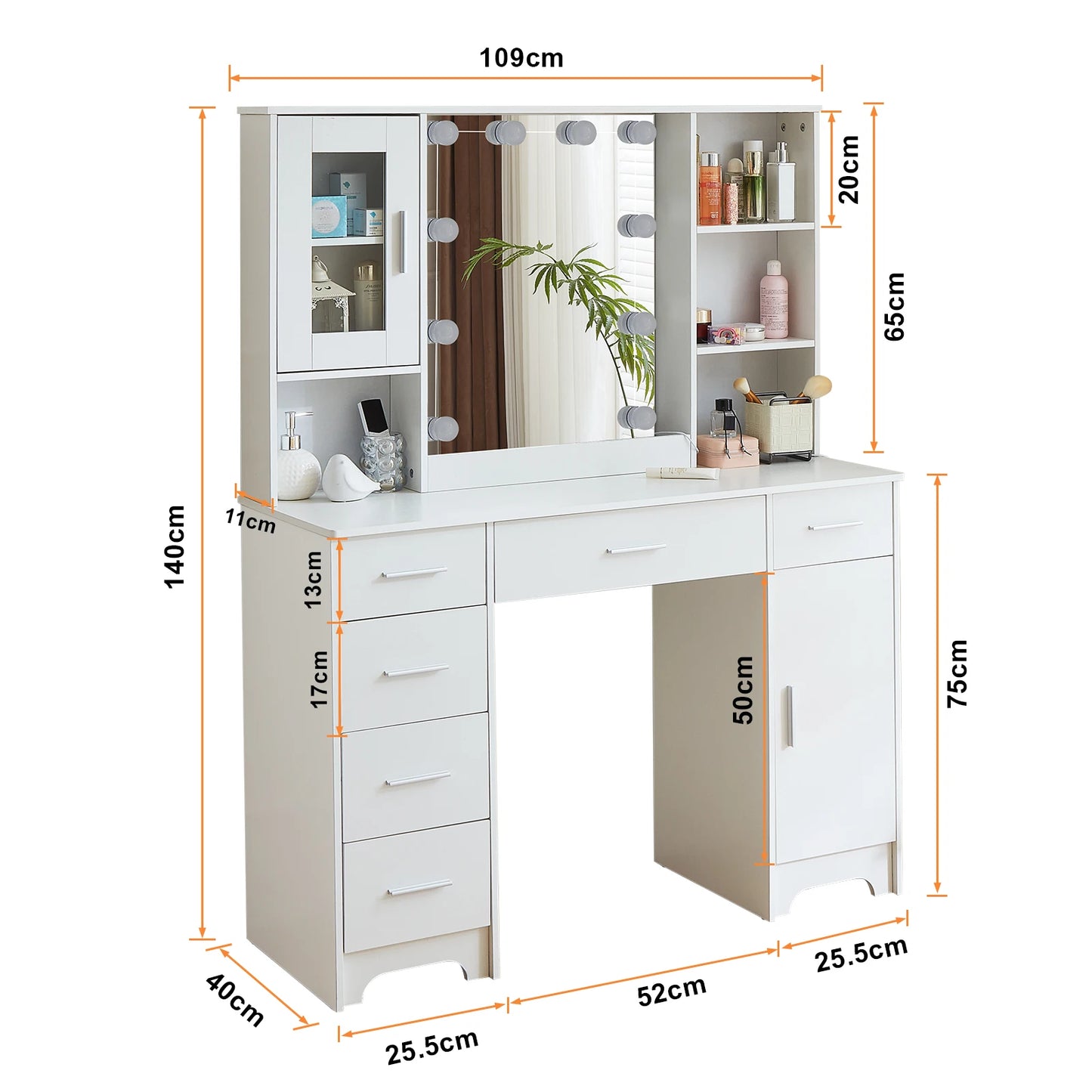 Teousev White Modern Vanity Set Openable 3-Colour Lighting Mirror 5 Drawers & Glass Cabinet Easy Assembly Bedroom Makeup Desk