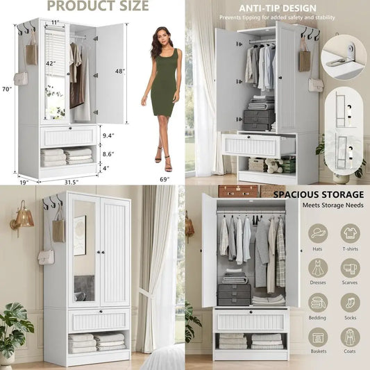 70-Inch Wooden Armoire with Mirror, 3-Side Hooks, Large Freestanding Bedroom Wardrobe in White