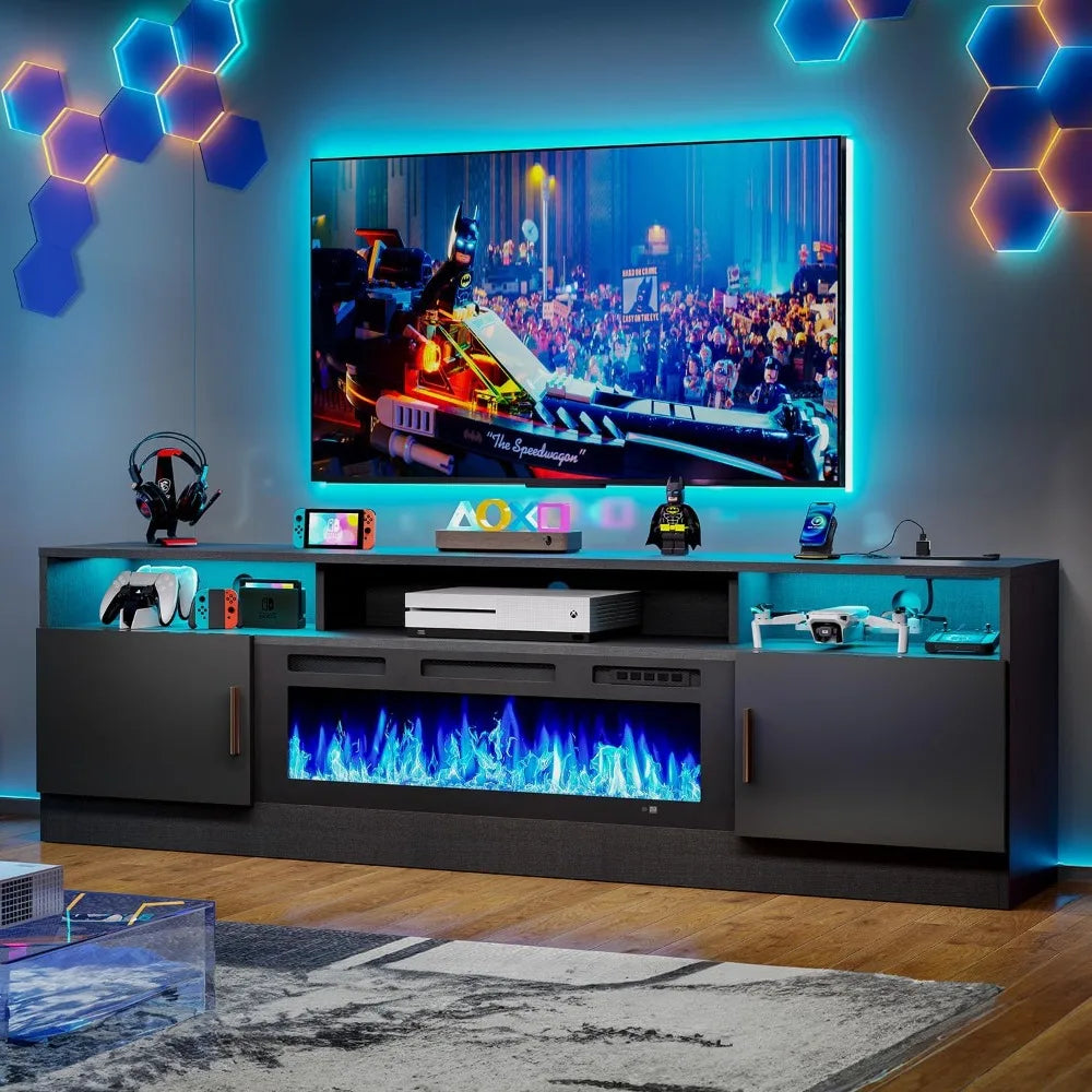 70" Fireplace TV Stand with Power Outlet for TVs UP to 80", Electric Fireplace Entertainment Center with LED Lights & Storage C