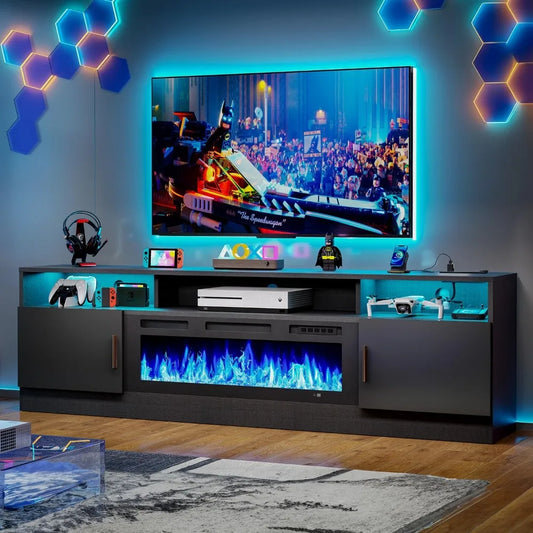 70" Fireplace TV Stand with Power Outlet for TVs UP to 80", Electric Fireplace Entertainment Center with LED Lights & Storage C