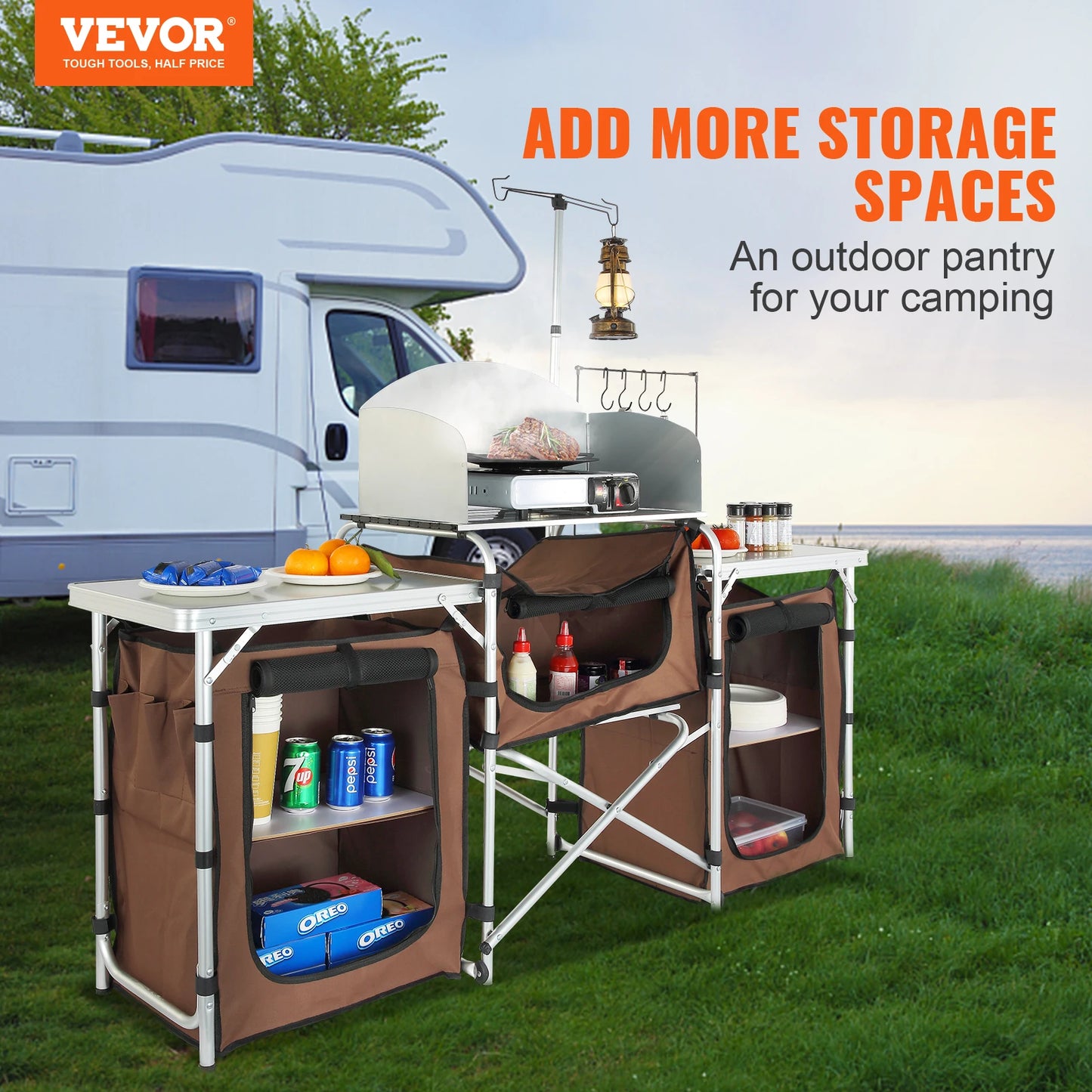 VEVOR Camping Kitchen Table Folding Outdoor Cooking Table with Storage Carrying Bag Aluminum Cook Station 3 Cupboard  Windscreen