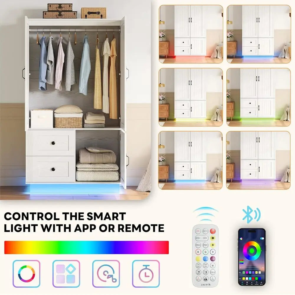 LIKIMIO Farmhouse Wardrobe Closet with Doors, 70" Bedroom Armoires with LED Lights and Hanging Rod,Wooden Large Wardrobe Cabinet