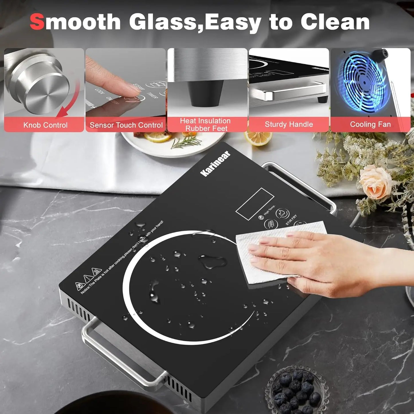 Karinear Ceramic hob 1 Zone Portable with Gummifüße, 650°C Max, 36CM, 220-240V Plug, Anti-scald Handle,2000W, Timer, Safety Lock