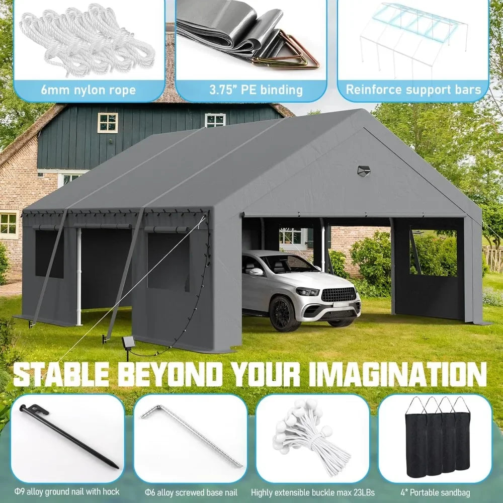 20x20 Carport Canopy, Heavy Duty Car Ports with Sidewalls, Portable Garage Carports with Roll Up Zipper End & Side Doors