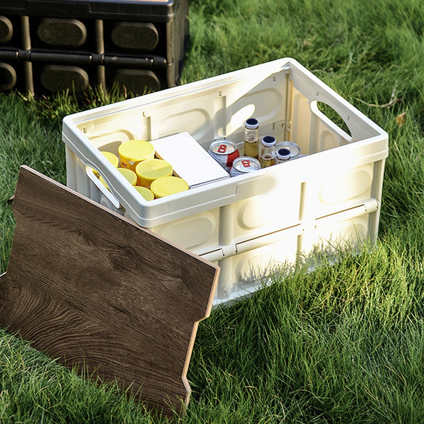 30L Outdoor Camping Picnic Folding Storage Box Multifunctional Thicken Removable Storage Box with Wooden Panel