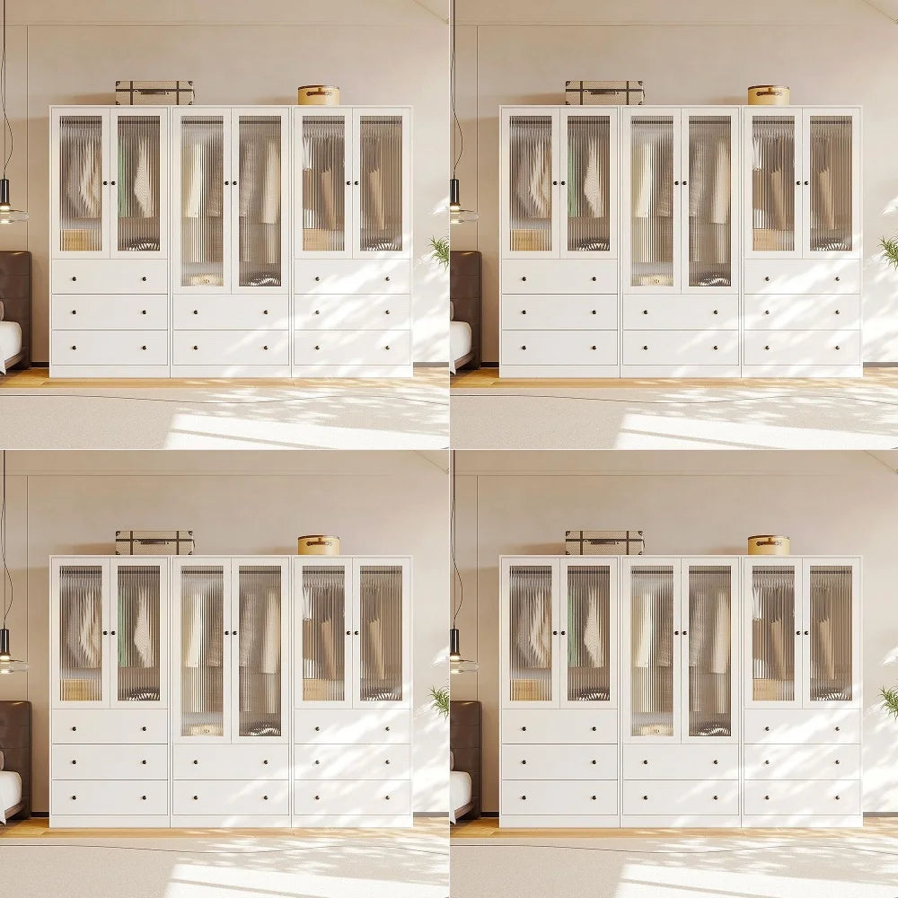20D Armoire Wardrobe Closet with Fluted Glass, 71 H Clothing Storage Cabinet with Hanging Rod, 4 SoftClose Doors Wooden Wardrob