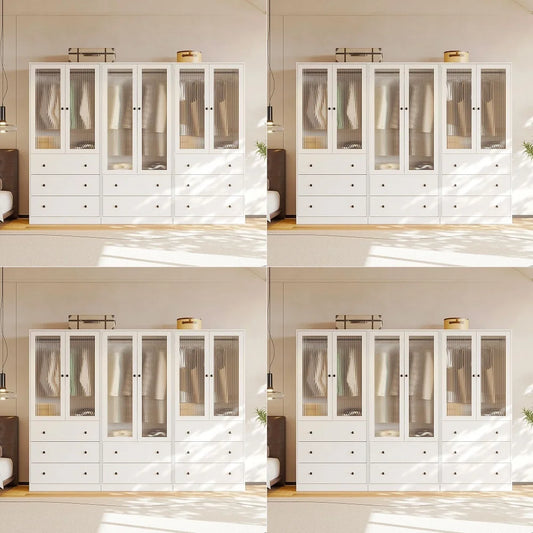20D Armoire Wardrobe Closet with Fluted Glass, 71 H Clothing Storage Cabinet with Hanging Rod, 4 SoftClose Doors Wooden Wardrob
