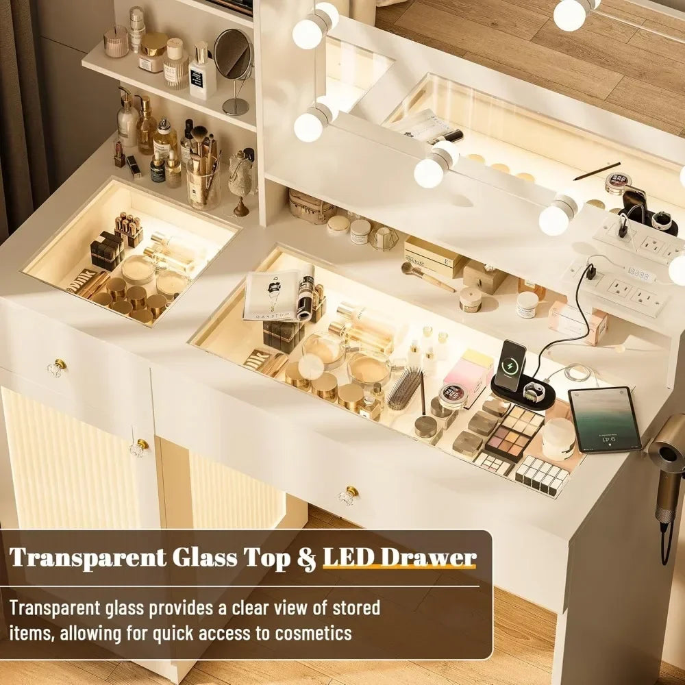 Modern Glass Top Vanity Desk with Large Mirror And Lights - Includes Power Outlet Drawers Cabinet 3 Light 40 Inch Customized
