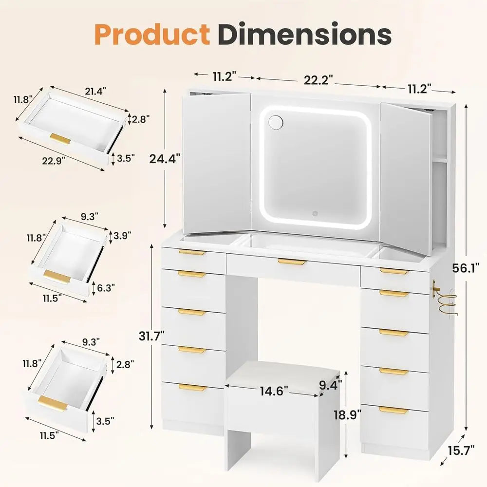 LED Lighted Makeup Vanity Desk with Glass Top, Adjustable Mirror, Chair, and Power Outlet