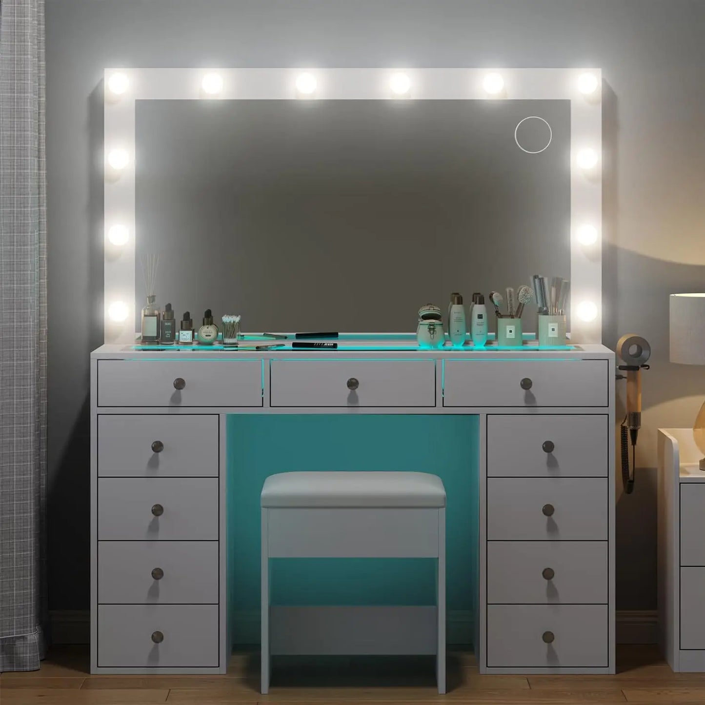 Makeup Vanity Desk with RGB Lights and Large 47.2’’ Mirror, 11 Drawers Makeup Vanity with Lighted Mirror, 3 Color Option, Bright