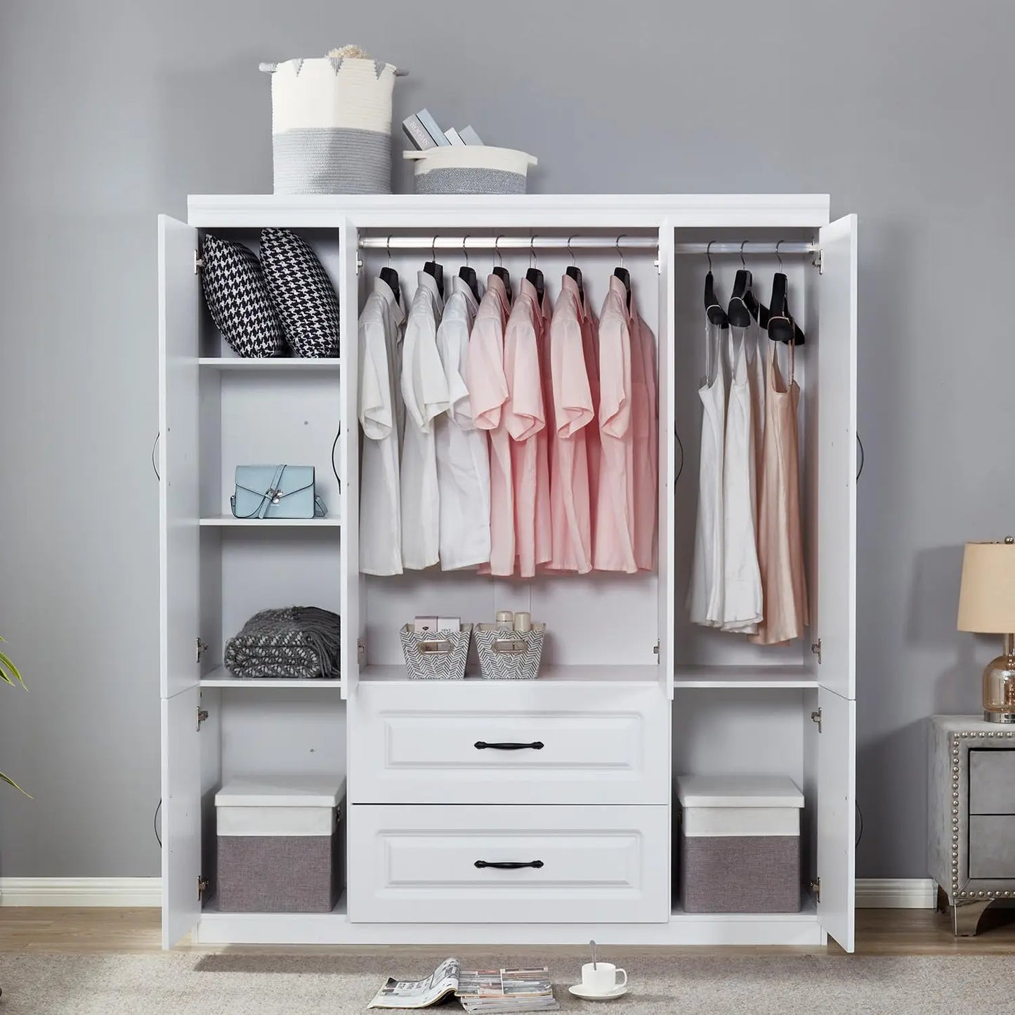 White Wooden Armoire 4 Door 2 Drawer 2 Rod Shelf Bedroom Storage Cabinet, Customized