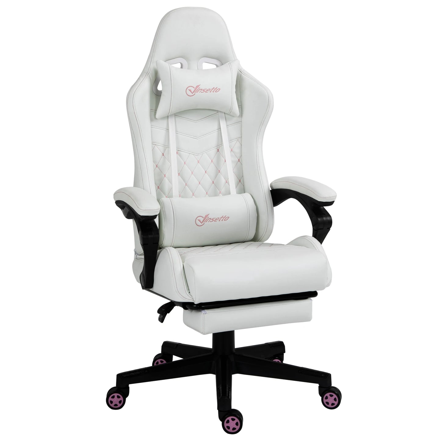 Racing Gaming Chair W/ Padded Arms, Pu Leather Gamer Recliner Home Office White