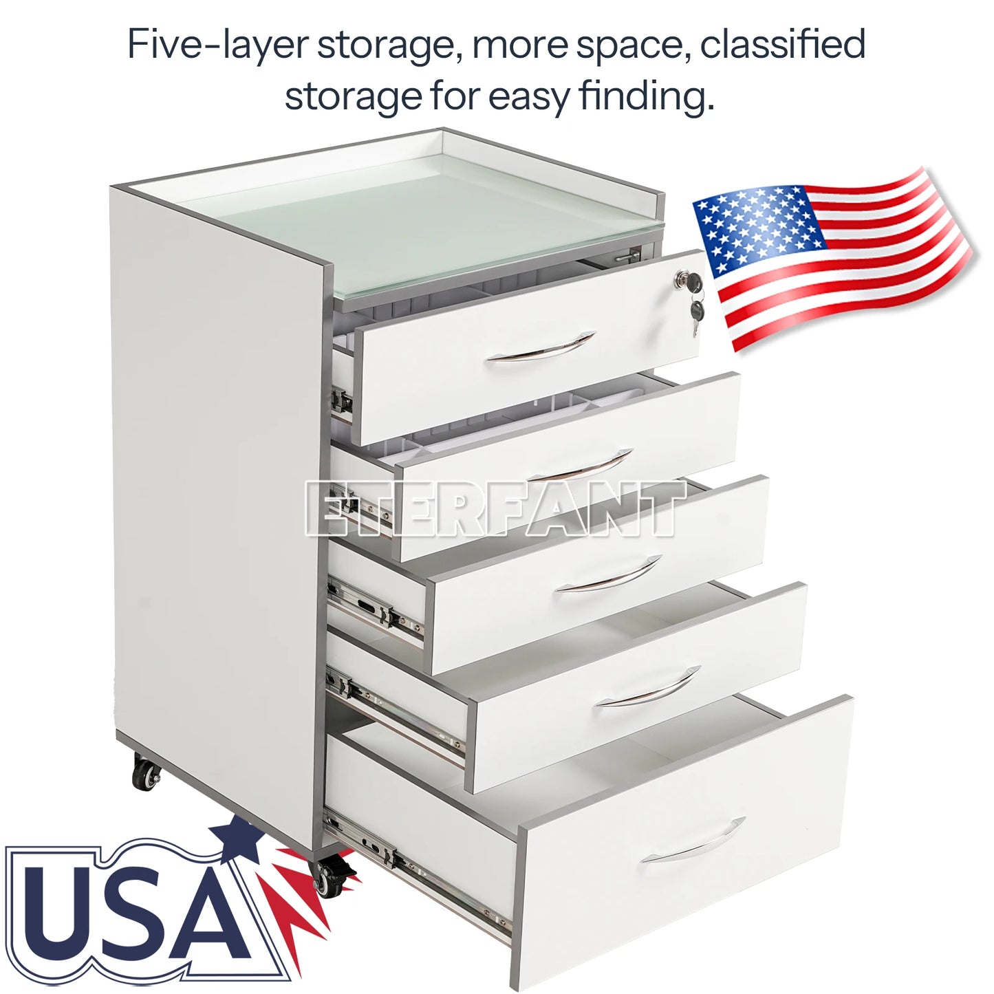 ETERFANT Dental Cabinet Rolling Medical Trolley Mobile Wooden Cart with Socket 5 Drawers Tempered Glass Tabletop Engineered Wood