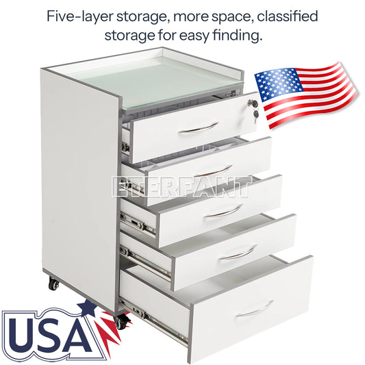 ETERFANT Dental Cabinet Rolling Medical Trolley Mobile Wooden Cart with Socket 5 Drawers Tempered Glass Tabletop Engineered Wood