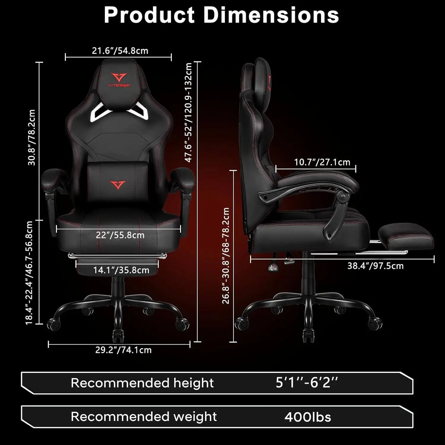 Big and Tall Gaming Chair 400lb Weight Capacity with Footrest, Ergonomic Video Game Chair for Adults with Oversized Headrest