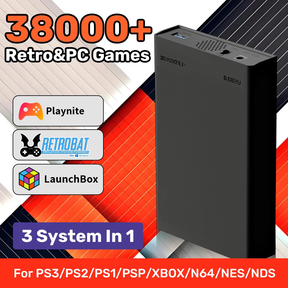 Mix 500G Retro Video Game Emulator Console Built-in 38000+ Games Playnite Retrobat Launchbox Hard Drive For N64/Xbox/PS3/PS1/PSP