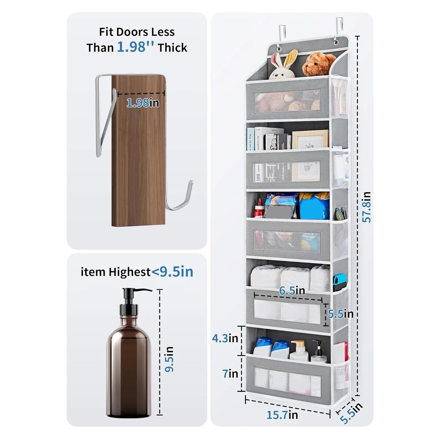 Over Door Organizer, 5-Tier Hanging Over Door Organizer with 5 Large Capacity Pockets, Anti-Tilt 44lb Load Behind Door Organizer