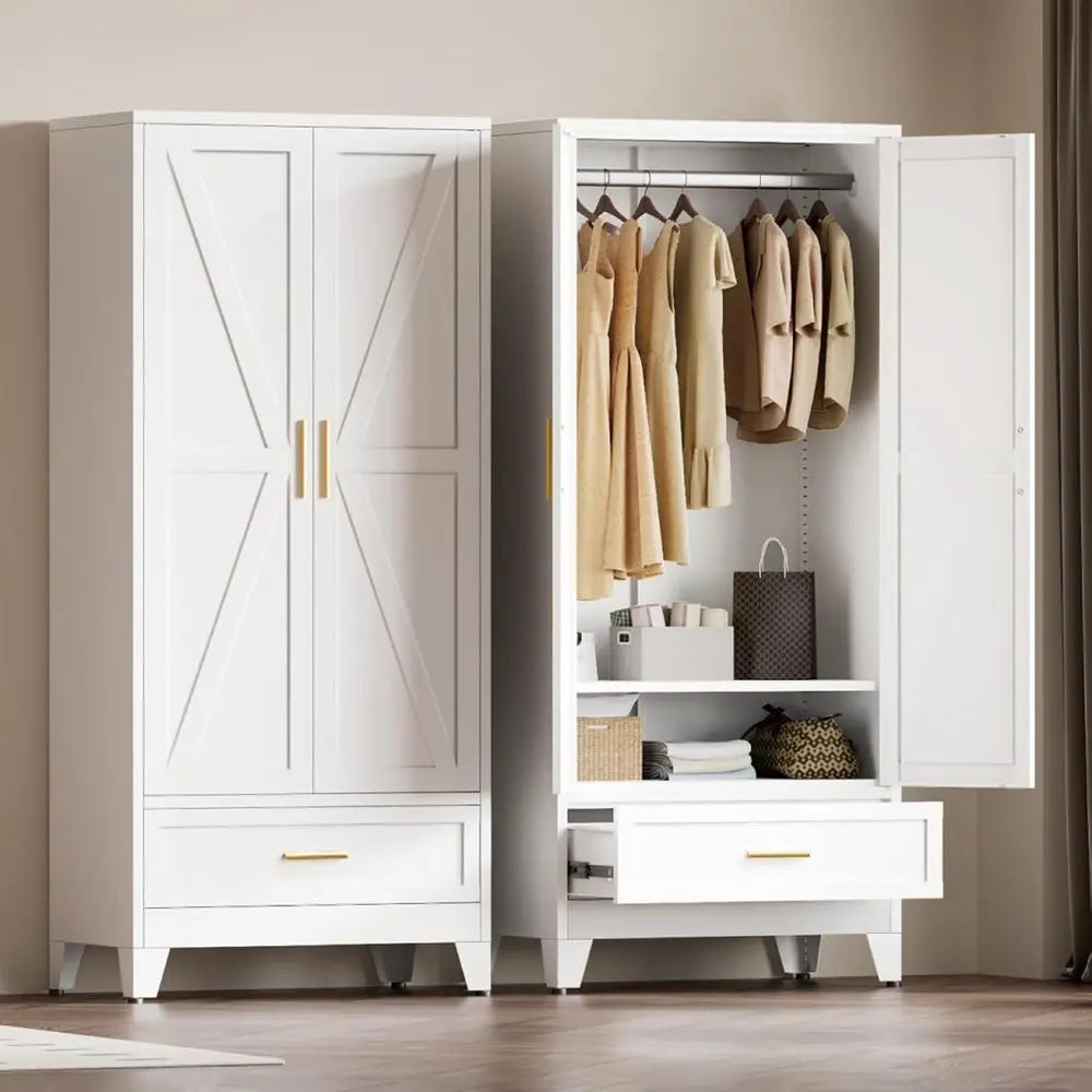 Metal Wardrobe Closet or Bedroom, 71" reestanding Armoire Wardrobe with Der and Shel, Hanging Rod Clothing Storage Cabinet with