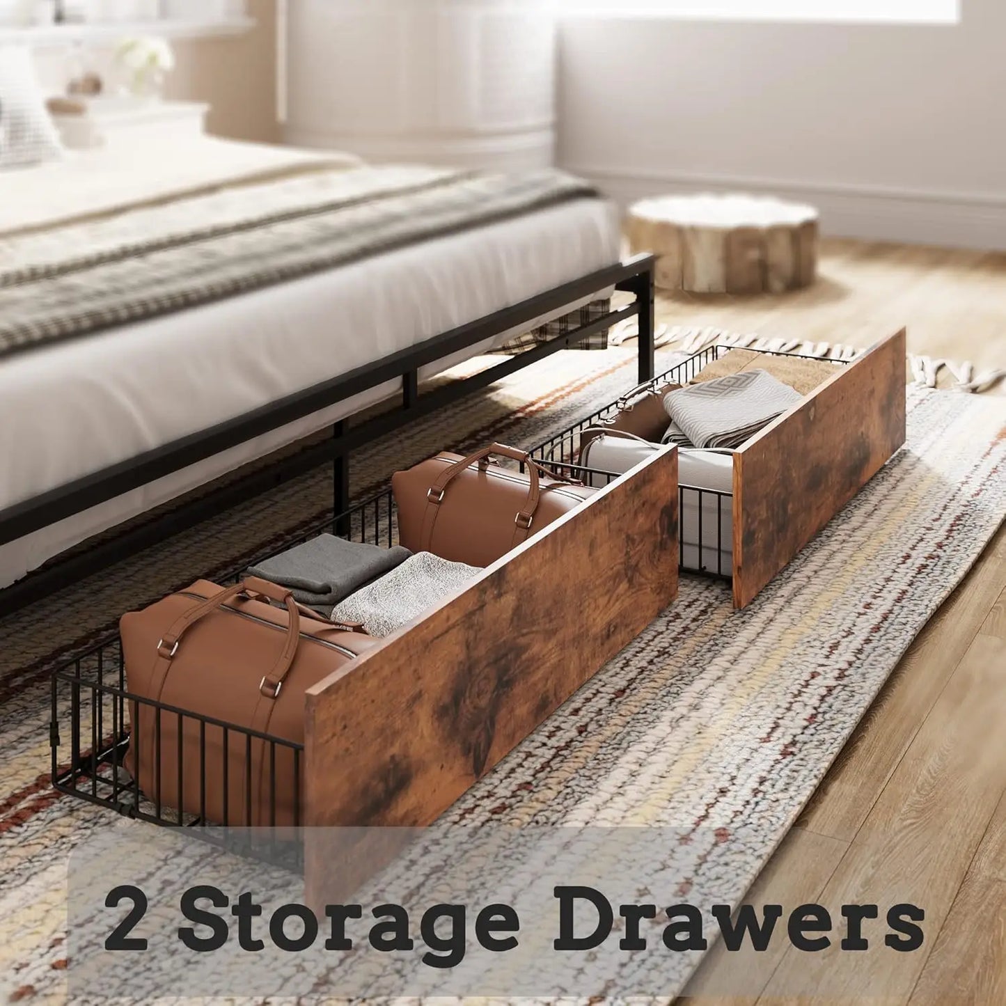 King Size Platform Bed Frame with Storage Headboard, Charging Station, Drawers, Easy Assembly in Industrial Brown and Gray