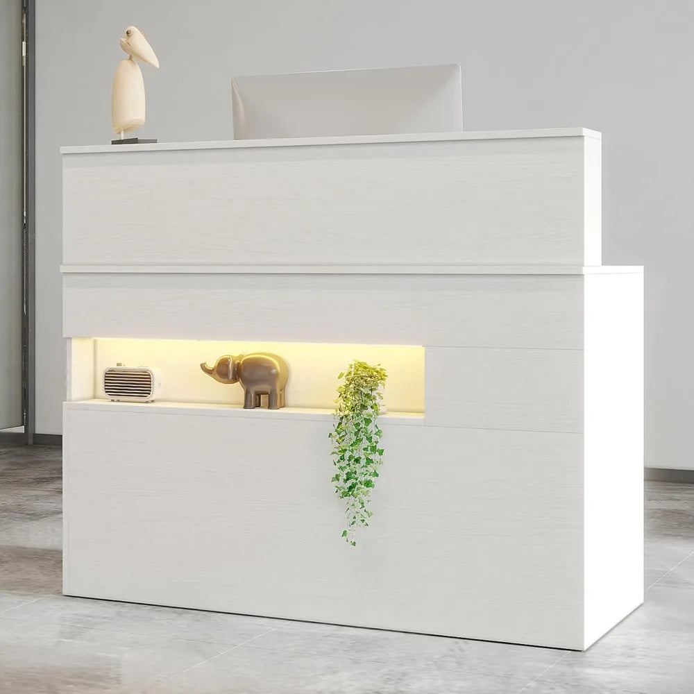 Reception Desk with LED Lights and Power Outlets, Retail Counter Reception Counter Table with Drawers