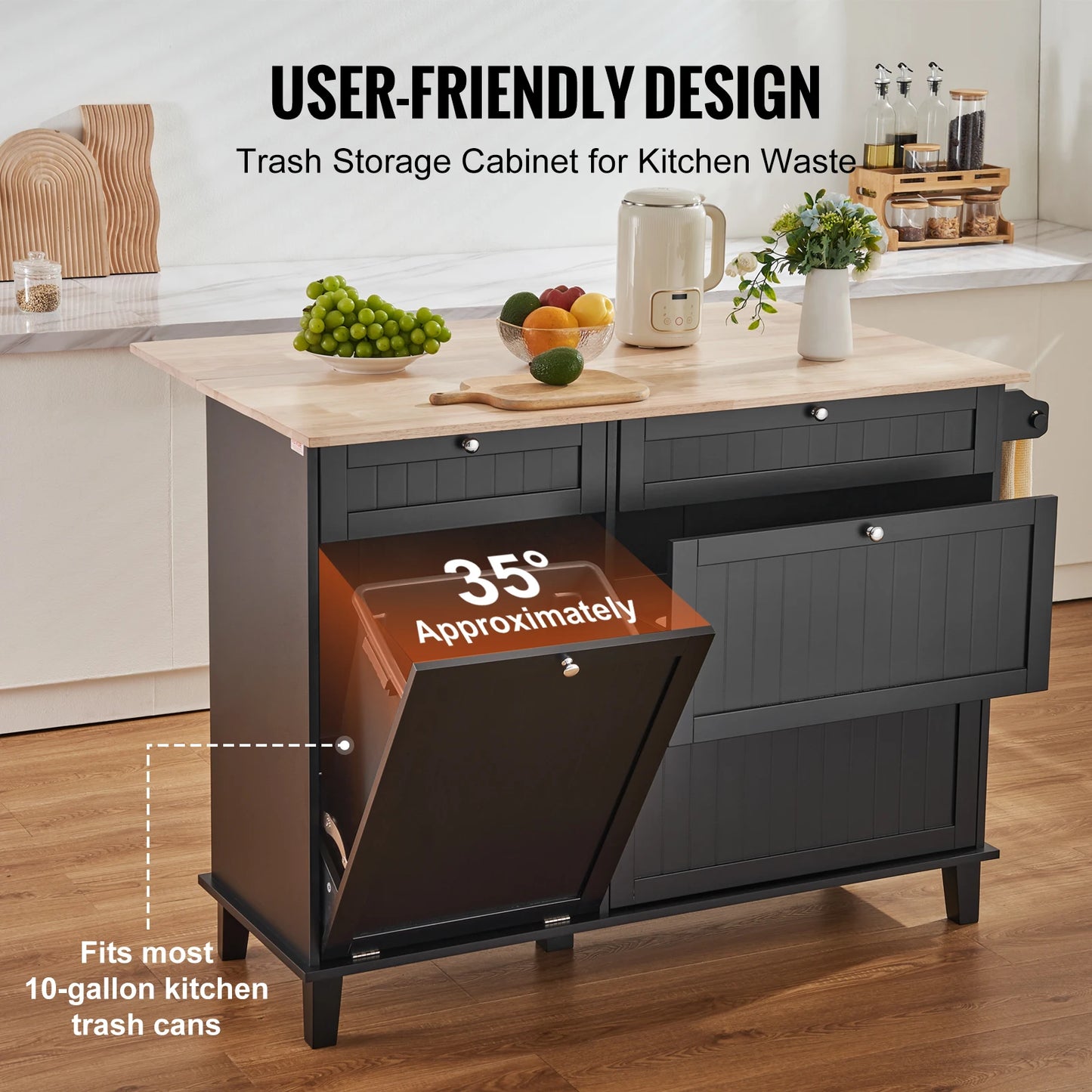 SucceBuy Kitchen Island Cart Breakfast Bar with Trash Cabinet Tilt Out Storage Farmhouse Dining Living Room Table with Drop Leaf