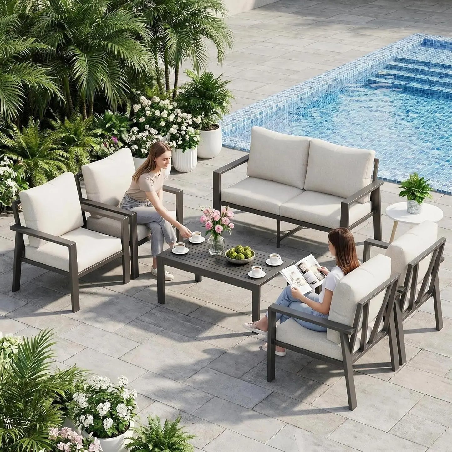 Aluminum Patio Conversation Set 6 Pieces Metal Deck Outdoor Furniture 6-Seat All-Weather Rust-Proof Sectional Sofa Set, Custom