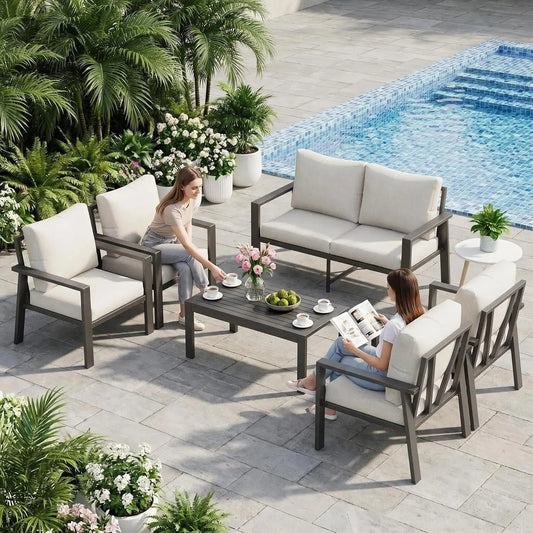 Aluminum Patio Conversation Set 6 Pieces Metal Deck Outdoor Furniture 6-Seat All-Weather Rust-Proof Sectional Sofa Set, Custom