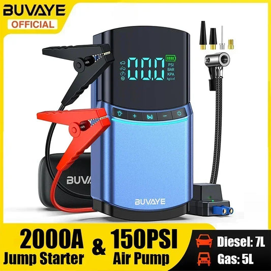 BUVAYE 4 in 1 Car Jump Starter Air Pump 150PSI Tyre Compressor 2000A Starter Device 12000mAh Power bank Digital Inflatable Pump