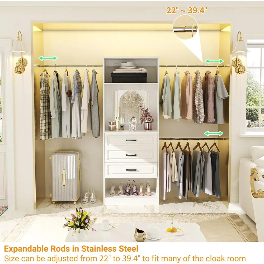 48" W - 96” W Closet System with Mirror, 8FT Walk in Closet Organizer Kits with Drawers and 3 Extendable Hanging Rod,