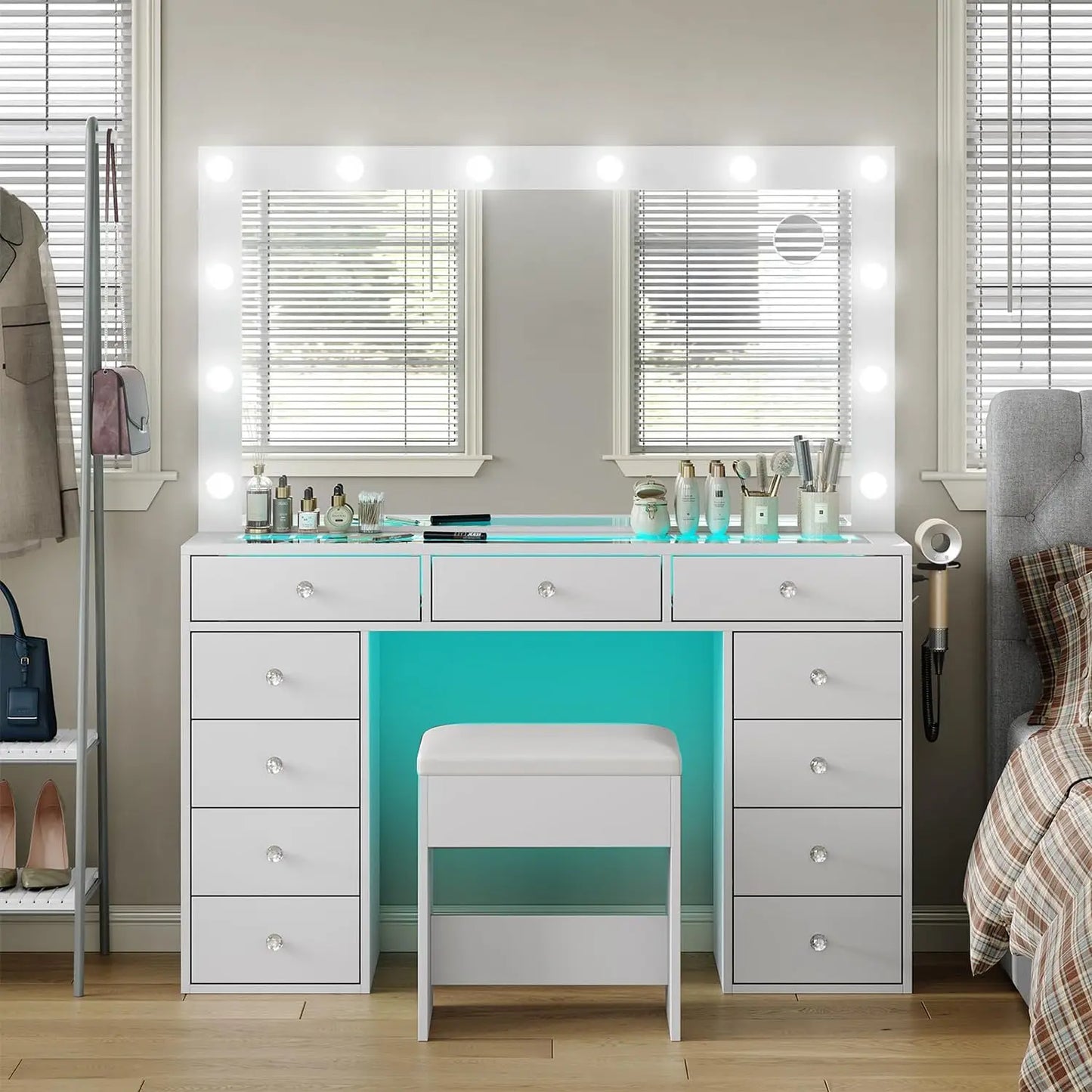 Makeup Vanity Desk with RGB Lights and Large 47.2’’ Mirror, 11 Drawers Makeup Vanity with Lighted Mirror, 3 Color Option, Bright